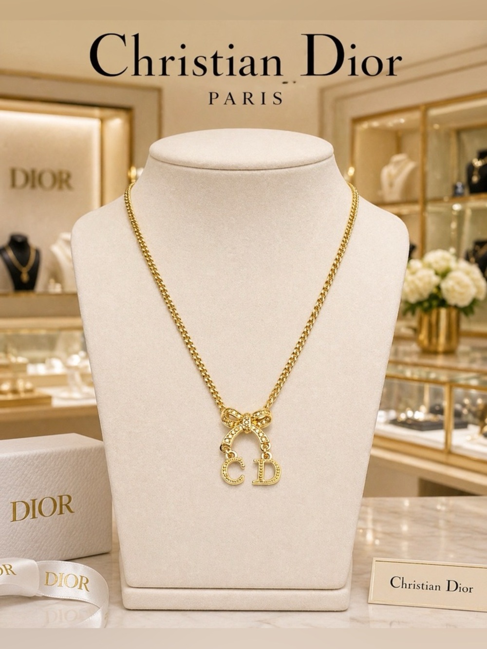 Dior Gold Bow Pendant Necklace with COA - Picture 1 of 6